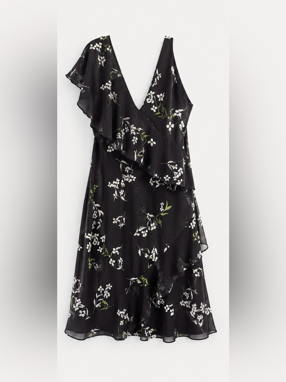 Ralph Lauren Black One-Shoulder Floral Ruffle Dress Size 14
